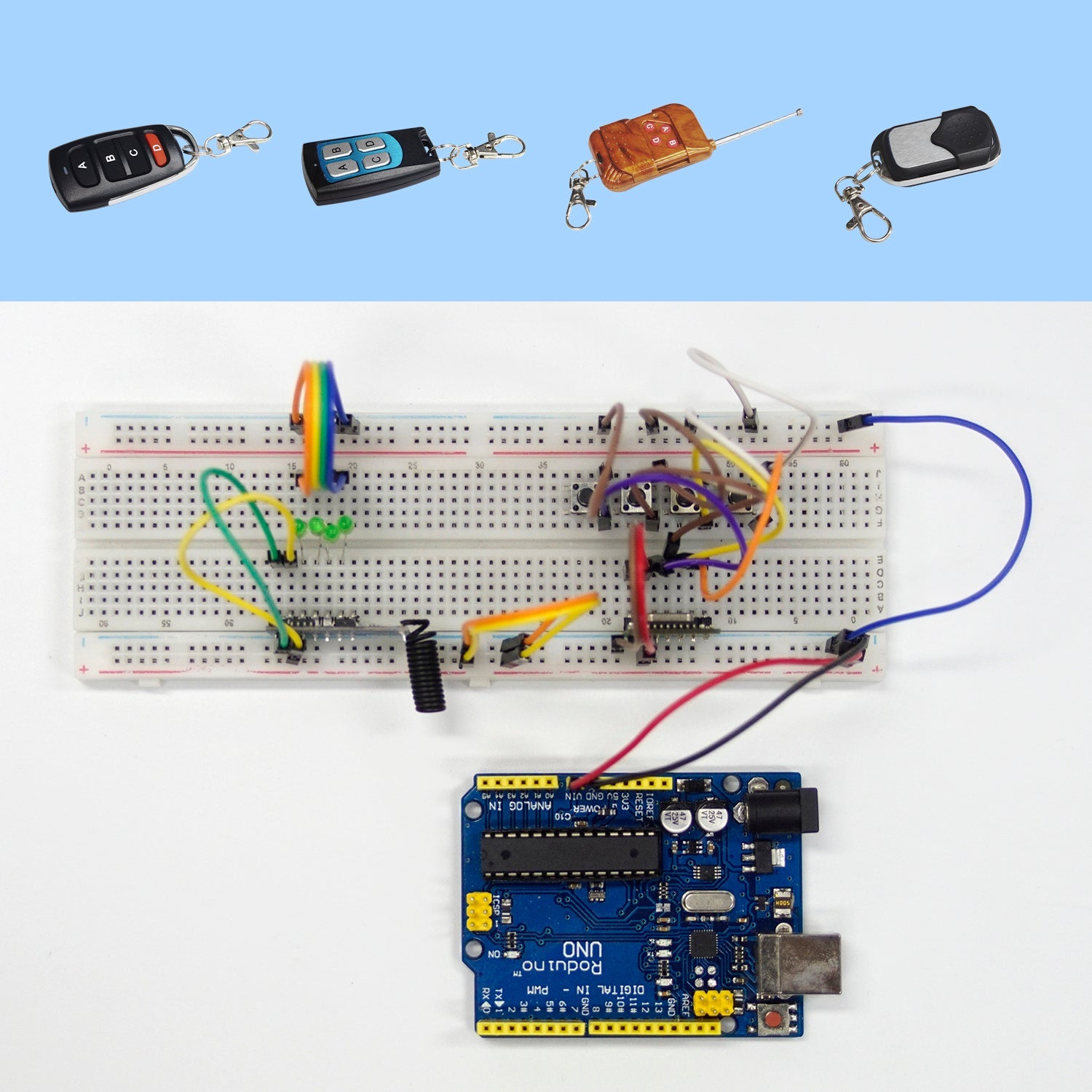 Arduino Development Board, RF 433MHz Wireless Transmitter Module, Receiver Module, Motor, Temperature and Humidity Sensor, Infrared Sensor Module Beginner Wireless Remote Control DIY Kit, Compatible w